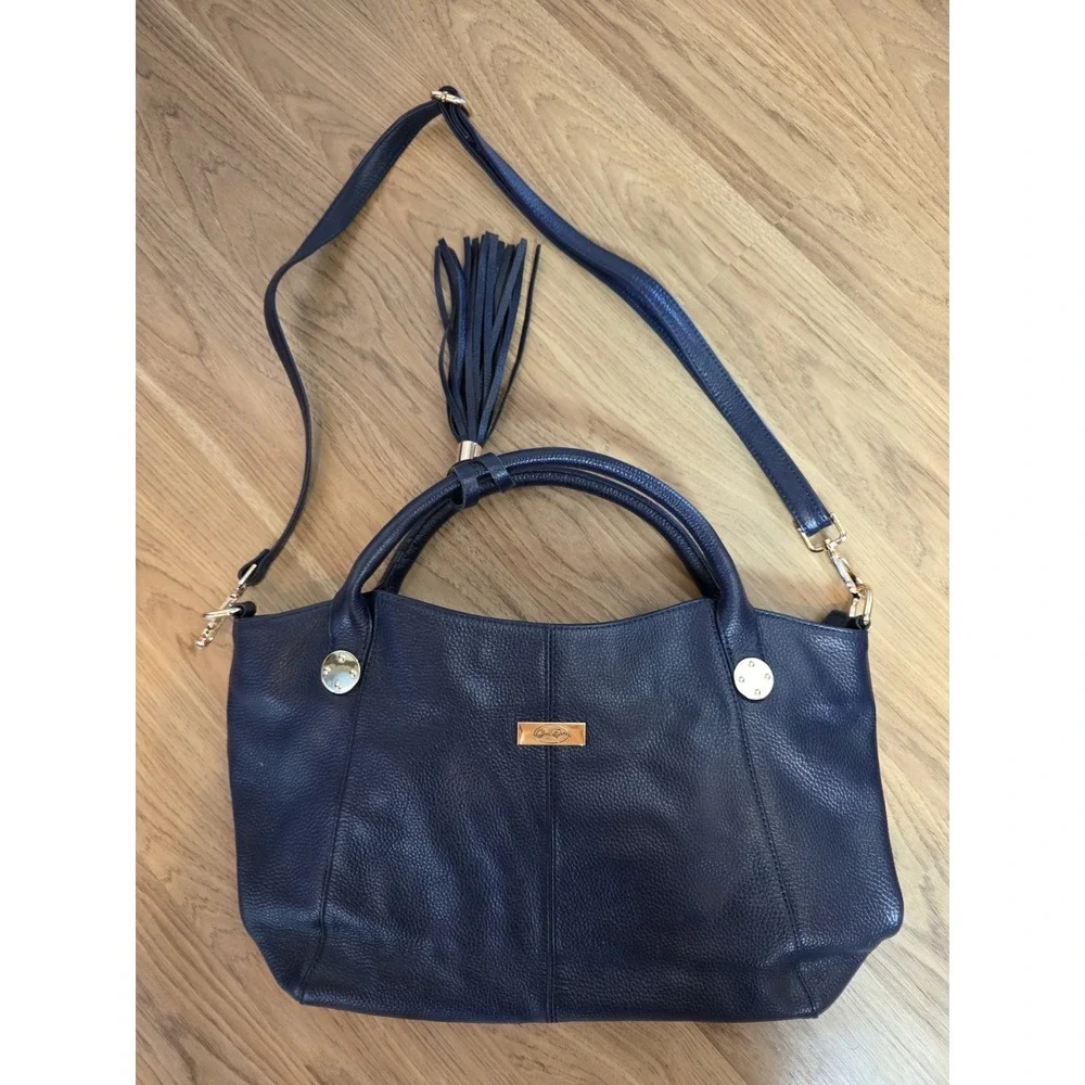 Onna‎ Ehrlich Navy Blue L Satchel Crossbody Pebbled Leather Handbag Classic EUC